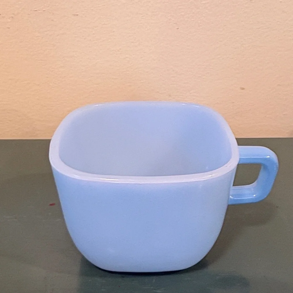 Vintage Glasbake Light Blue Square Ceramic Milk Glass Coffee Mug.